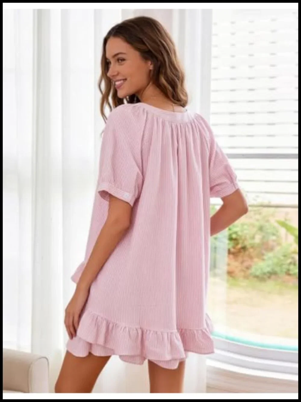 Cotton Striped Ruffle Pajama Set Button Down Babydoll Top Shorts